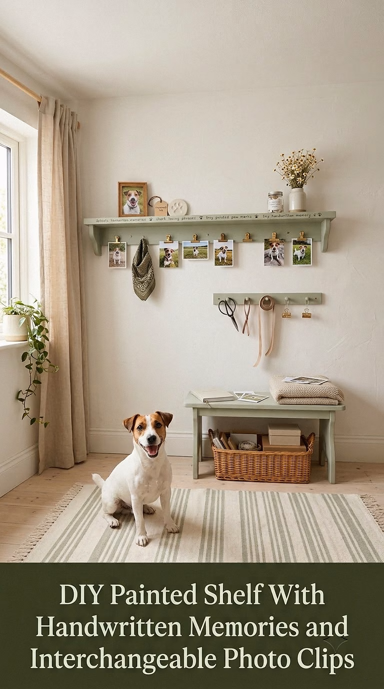 17. DIY Painted Shelf With Handwritten Memories and Interchangeable Photo Clips