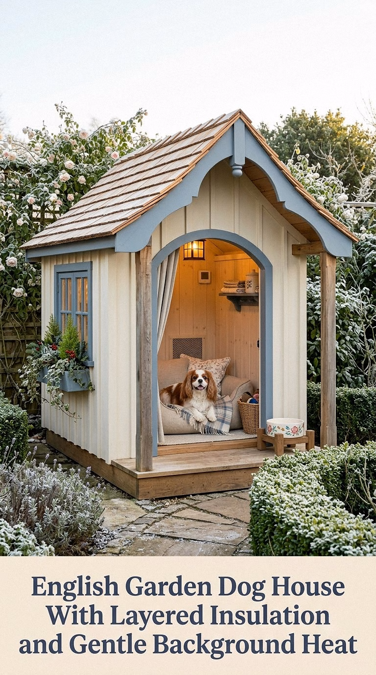 17. English Garden Dog House With Layered Insulation and Gentle Background Heat