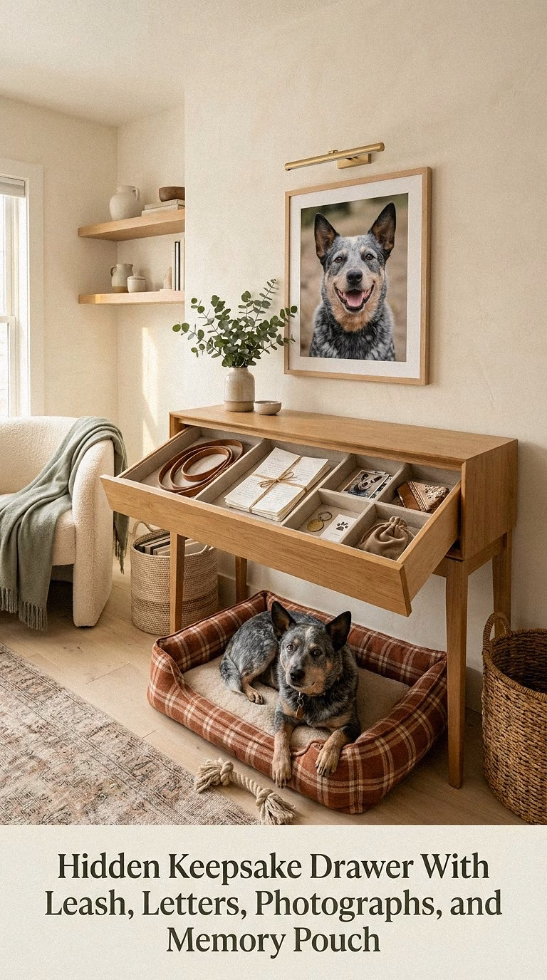 17. Hidden Keepsake Drawer With Leash, Letters, Photographs, and Memory Pouch