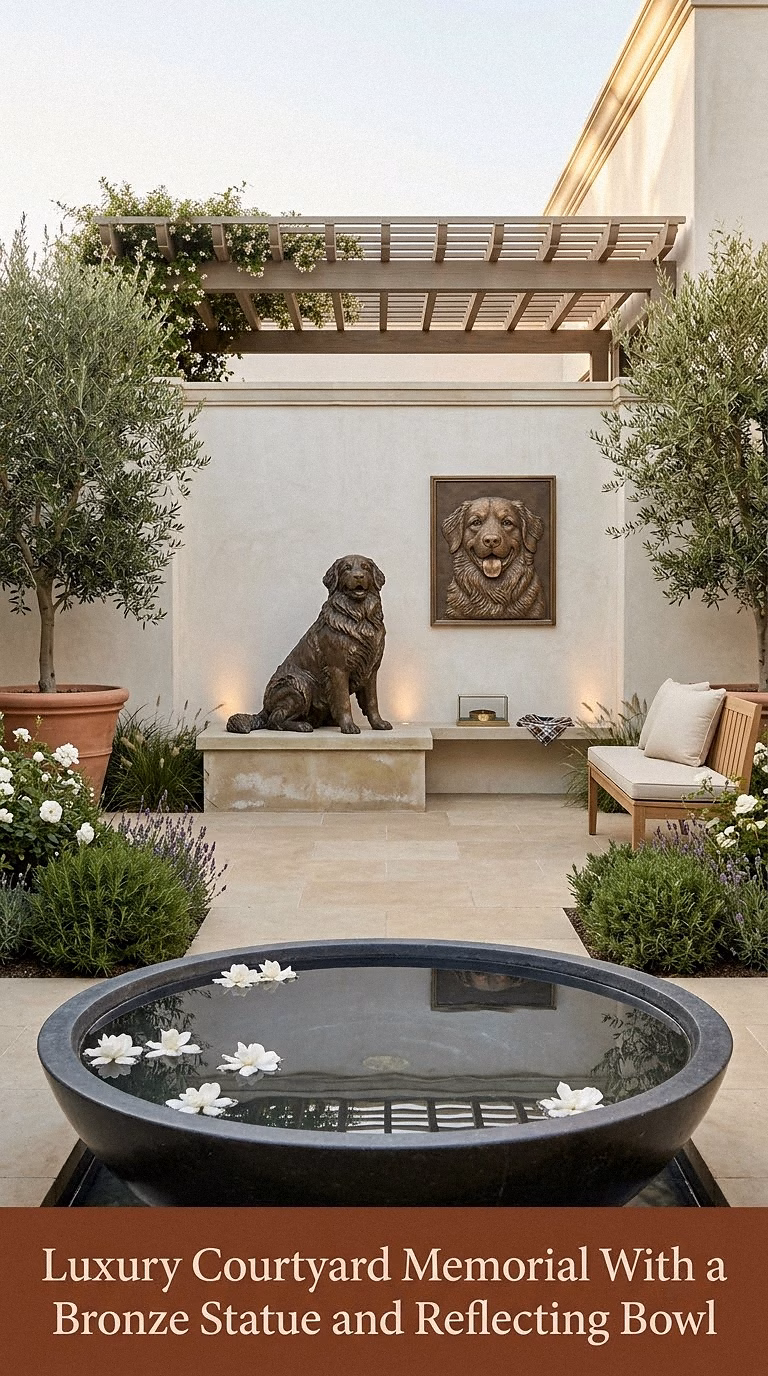 17. Luxury Courtyard Memorial With a Bronze Statue and Reflecting Bowl