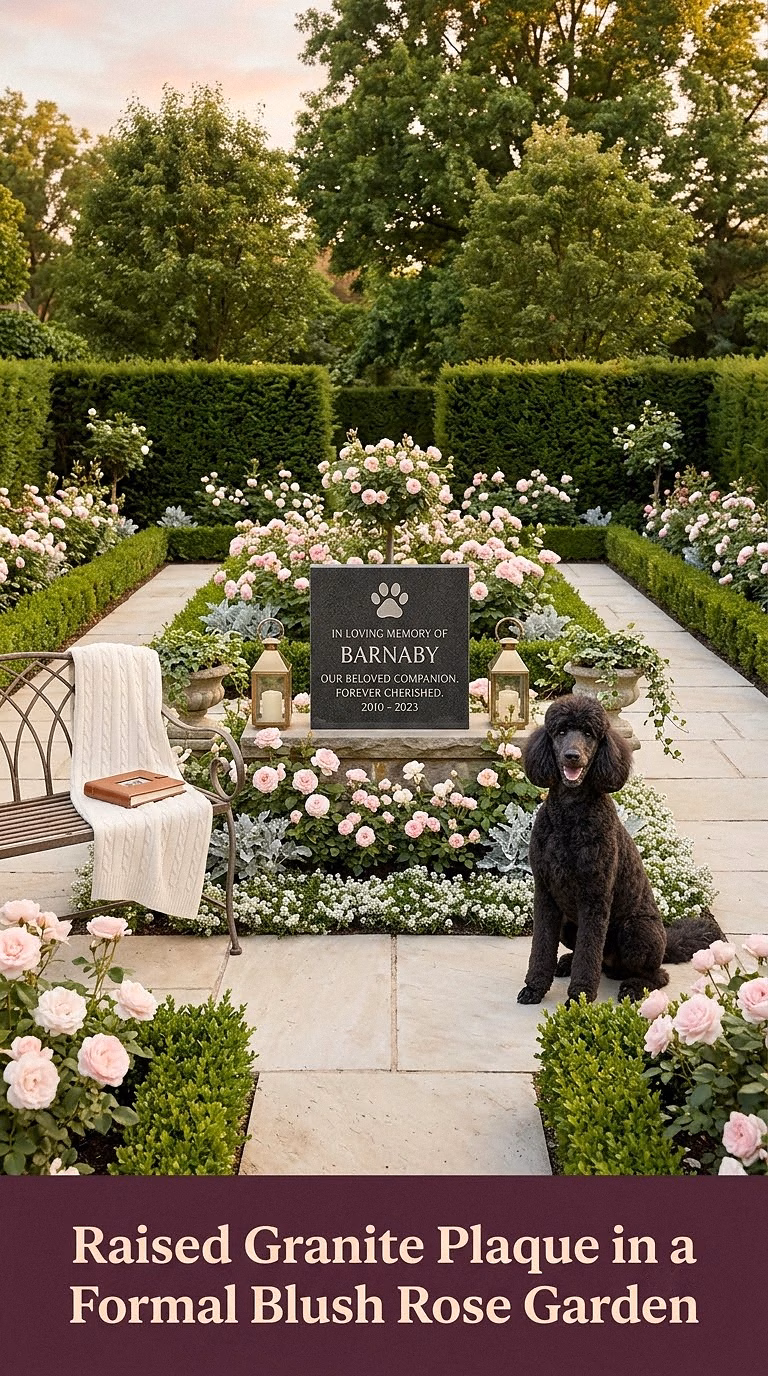 17. Raised Granite Plaque in a Formal Blush Rose Garden