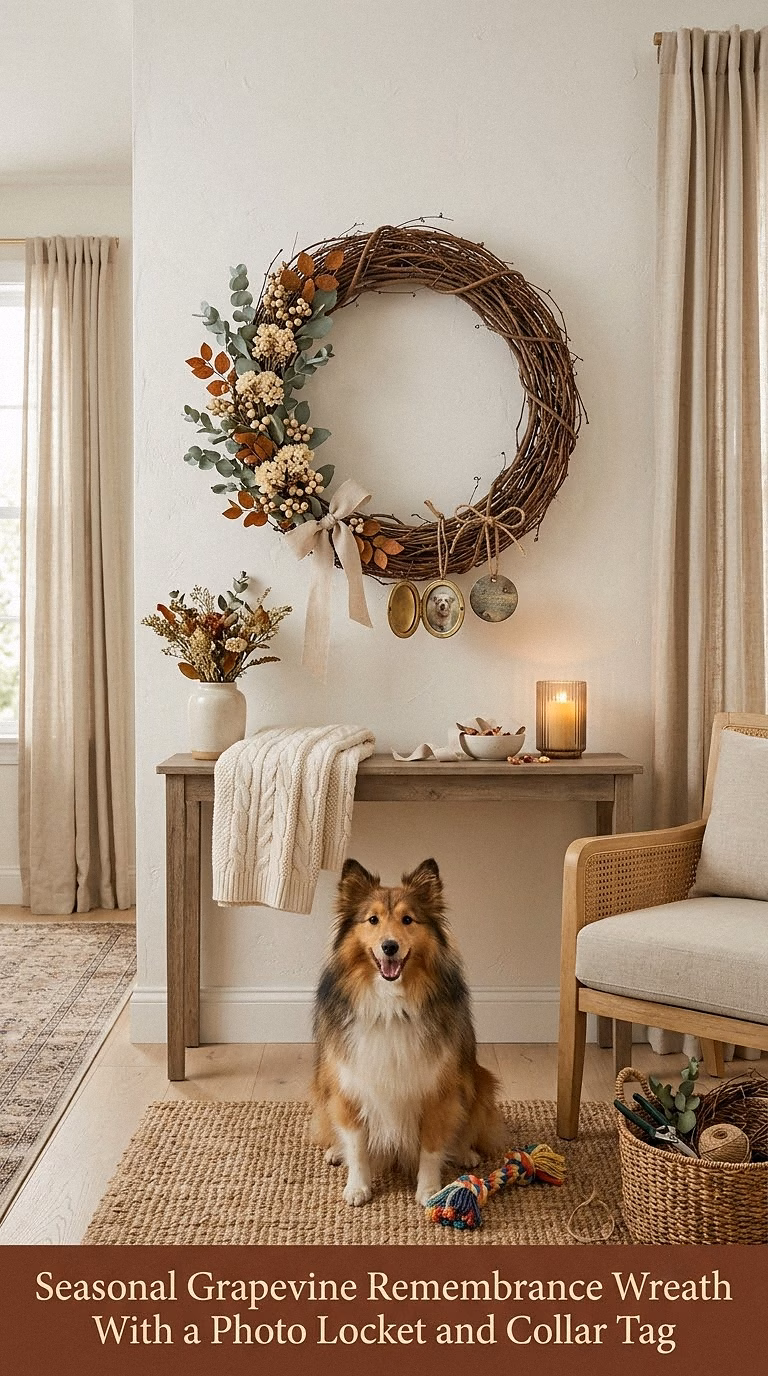17. Seasonal Grapevine Remembrance Wreath With a Photo Locket and Collar Tag