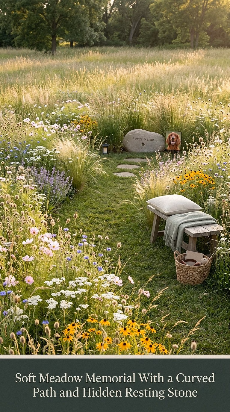 17. Soft Meadow Memorial With a Curved Path and Hidden Resting Stone
