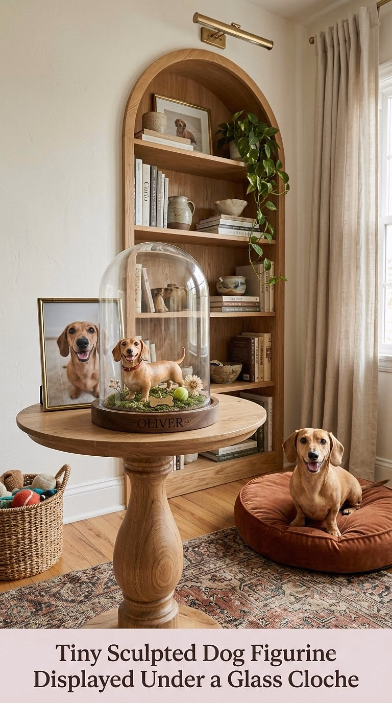 17. Tiny Sculpted Dog Figurine Displayed Under a Glass Cloche