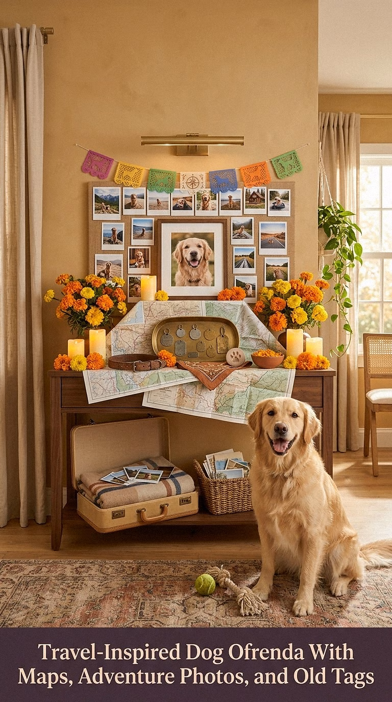 17. Travel-Inspired Dog Ofrenda With Maps, Adventure Photos, and Old Tags
