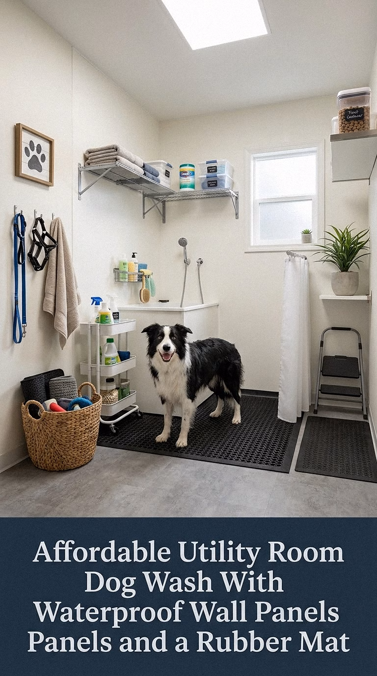 17. Affordable Utility Room Dog Wash With Waterproof Wall Panels and a Rubber Mat