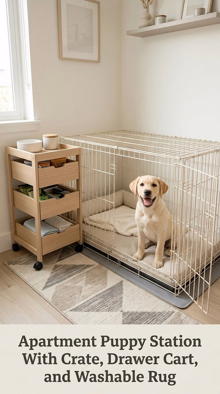 Apartment Puppy Station With Crate, Drawer Cart, and Washable Rug