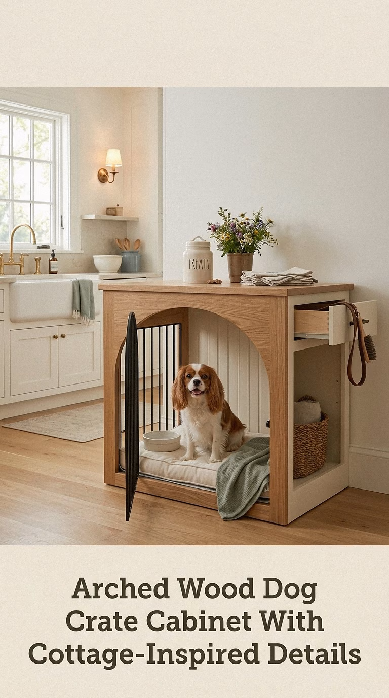 Arched Wood Dog Crate Cabinet With Cottage-Inspired Details