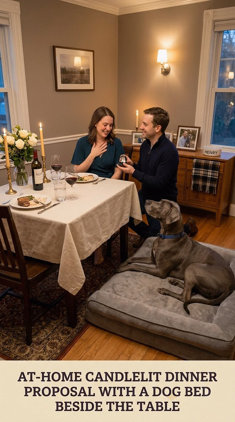At-Home Candlelit Dinner Proposal With A Dog Bed Beside The Table