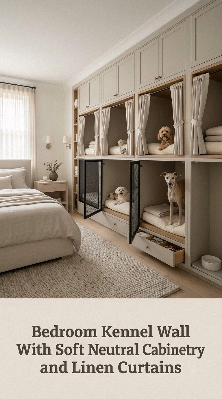 Bedroom Kennel Wall With Soft Neutral Cabinetry and Linen Curtains