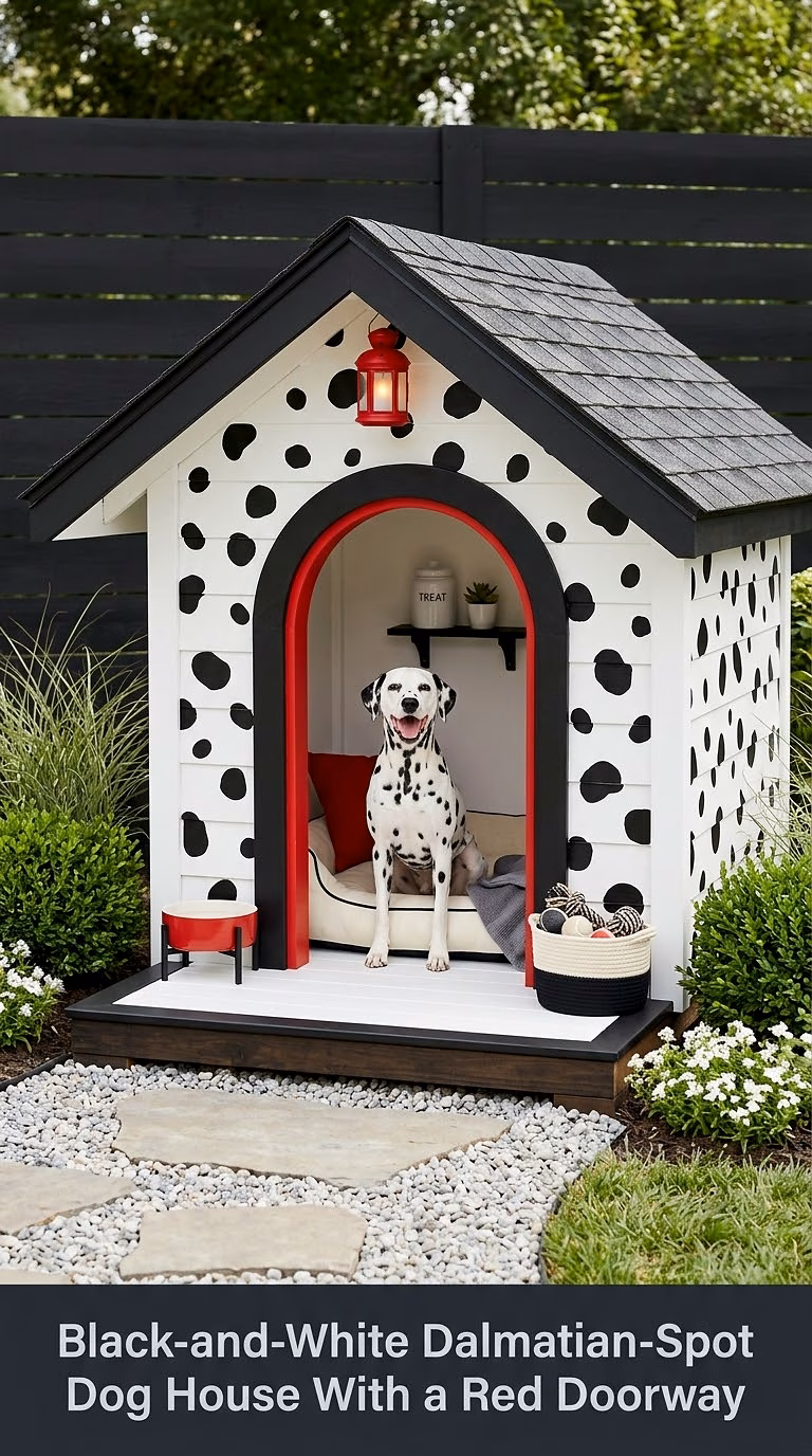17. Black-and-White Dalmatian-Spot Dog House With a Red Doorway