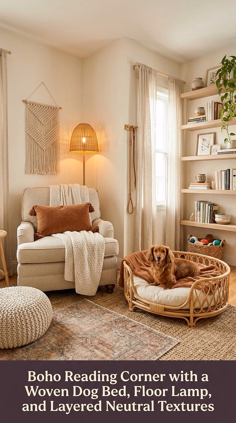 17. Boho Reading Corner with a Woven Dog Bed, Floor Lamp, and Layered Neutral Textures