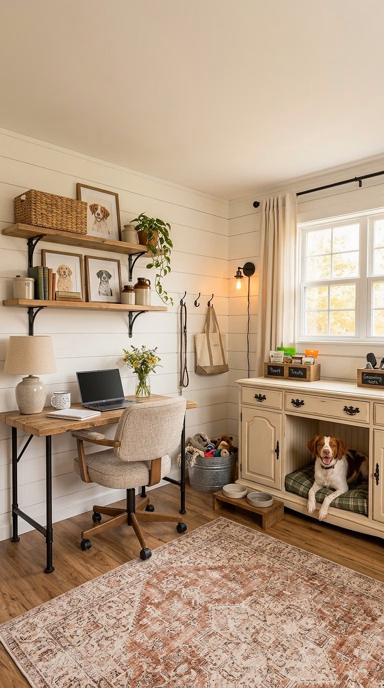 Budget Farmhouse Office With a Repurposed Console Dog Nook