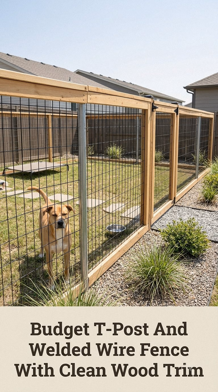 Budget T-Post And Welded Wire Fence With Clean Wood Trim