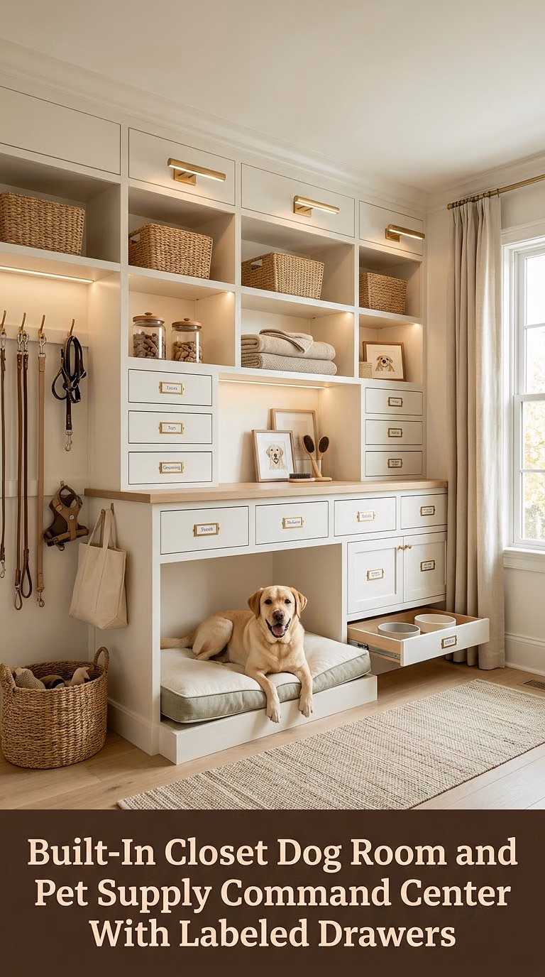 17. Built-In Closet Dog Room and Pet Supply Command Center With Labeled Drawers