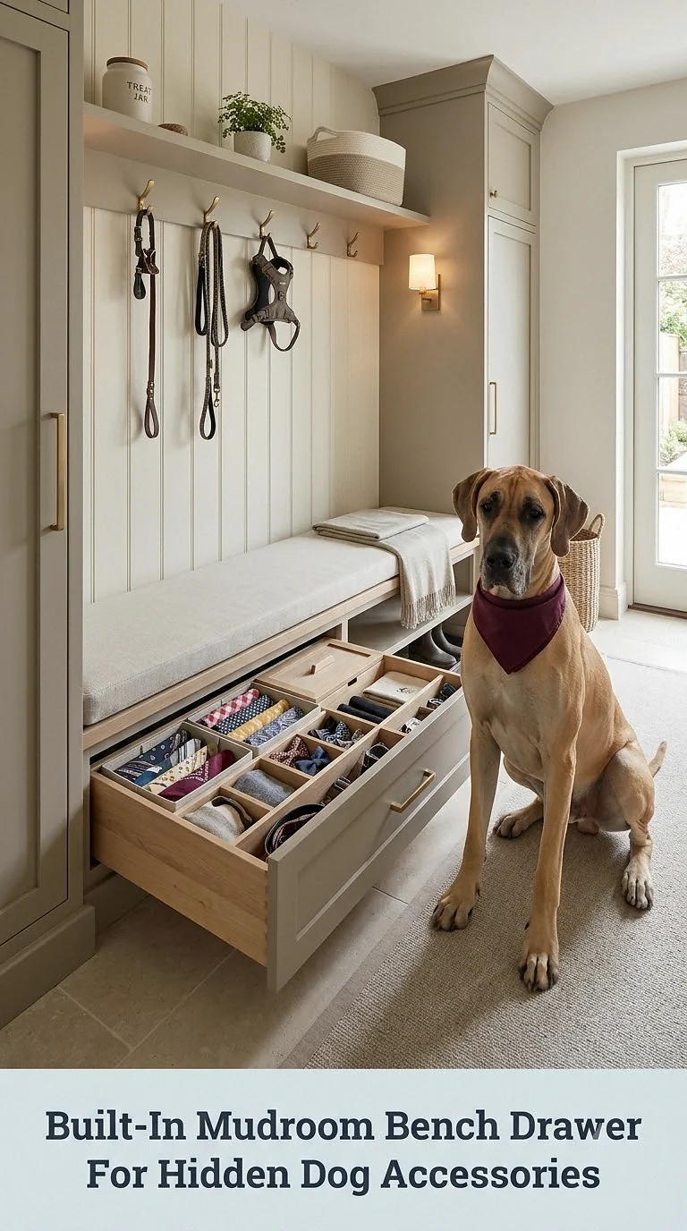 Built-In Mudroom Bench Drawer For Hidden Dog Accessories
