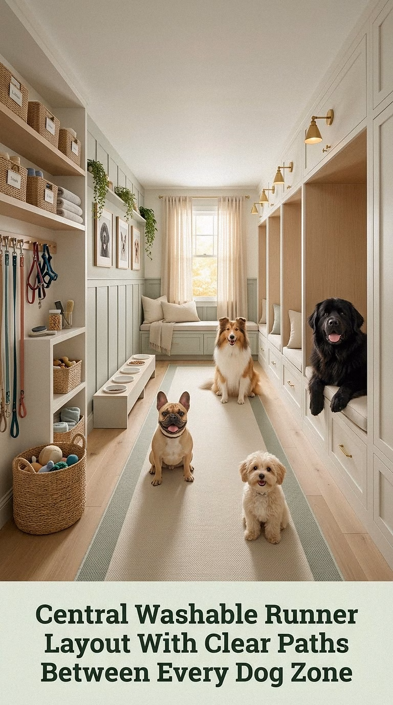 17. Central Washable Runner Layout With Clear Paths Between Every Dog Zone