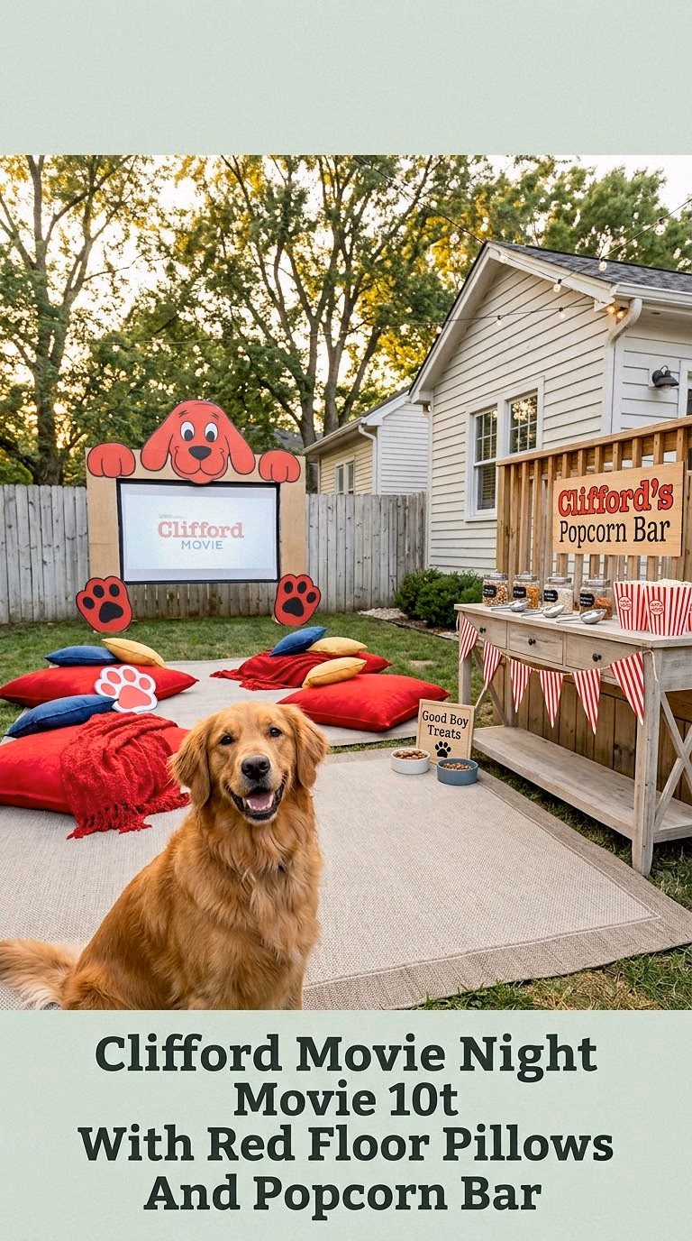Clifford Movie Night With Red Floor Pillows And Popcorn Bar