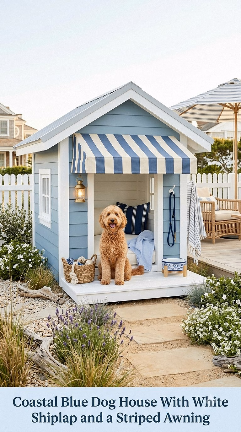 Coastal Blue Dog House With White Shiplap and a Striped Awning
