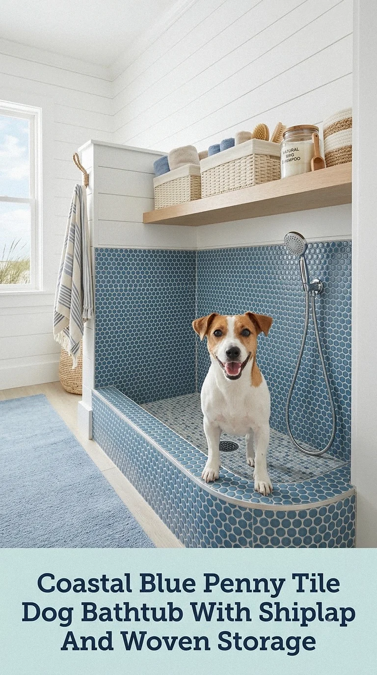 Coastal Blue Penny Tile Dog Bathtub With Shiplap And Woven Storage