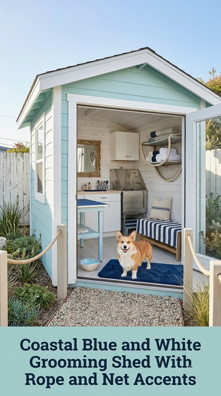Coastal Blue and White Grooming Shed With Rope and Net Accents