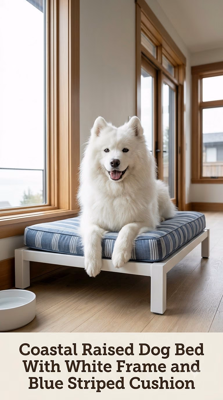 Coastal Raised Dog Bed With White Frame and Blue Striped Cushion