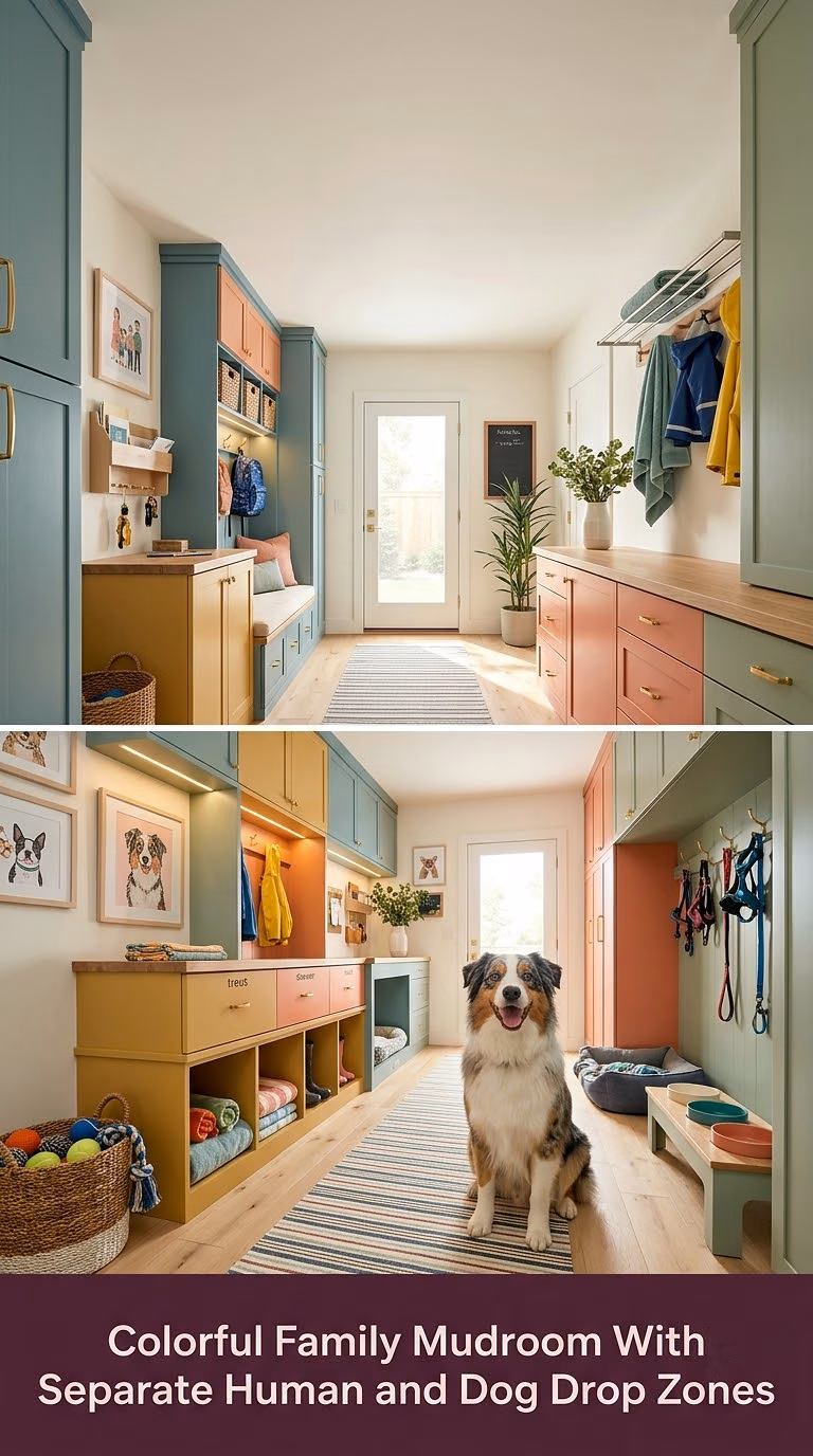 17. Colorful Family Mudroom With Separate Human and Dog Drop Zones