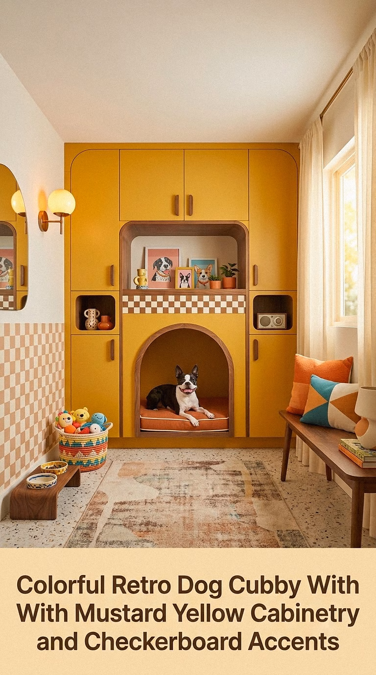 17. Colorful Retro Dog Cubby With Mustard Yellow Cabinetry and Checkerboard Accents