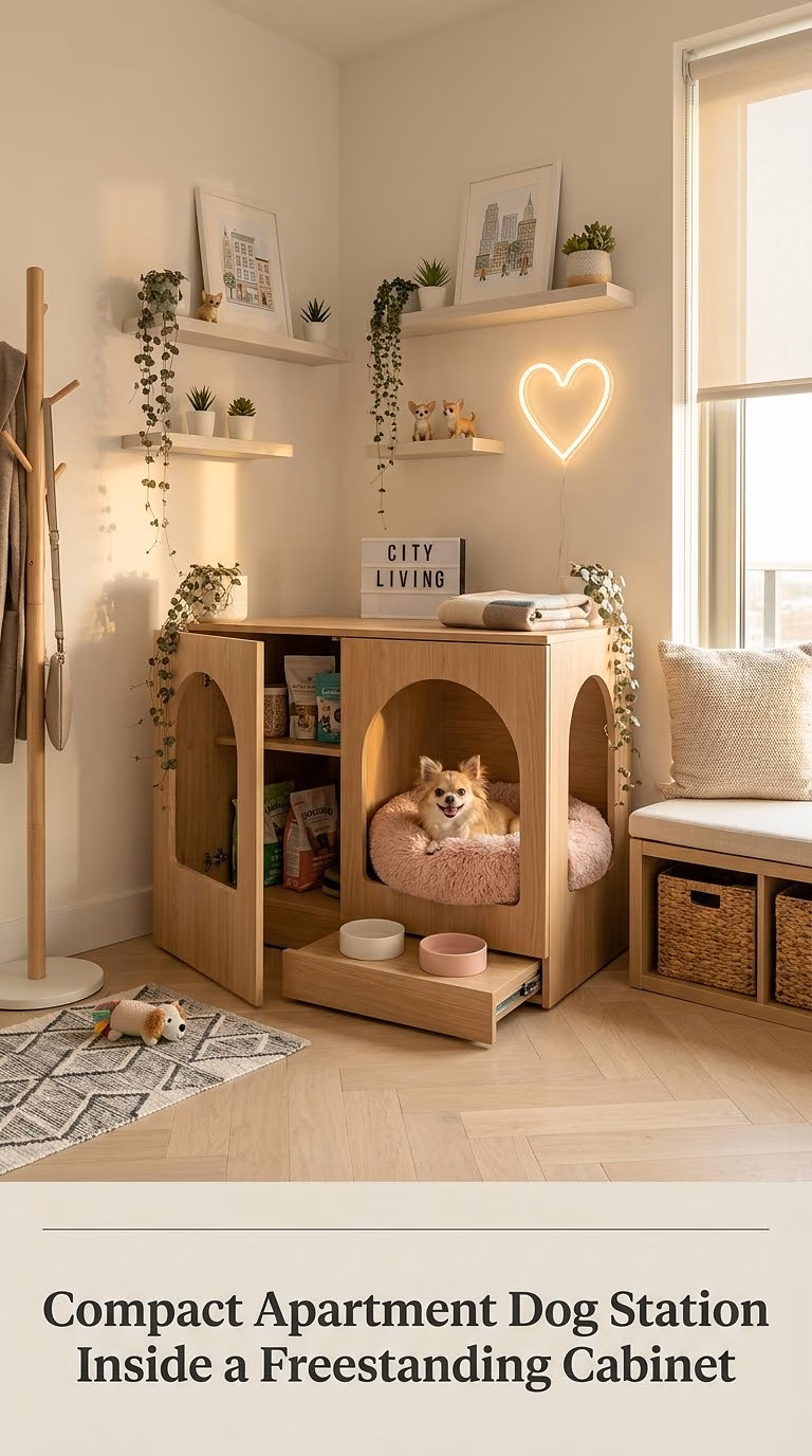 17. Compact Apartment Dog Station Inside a Freestanding Cabinet