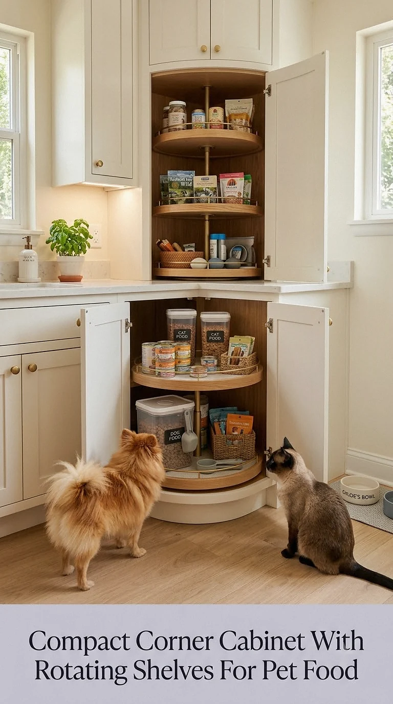 Compact Corner Cabinet With Rotating Shelves For Pet Food
