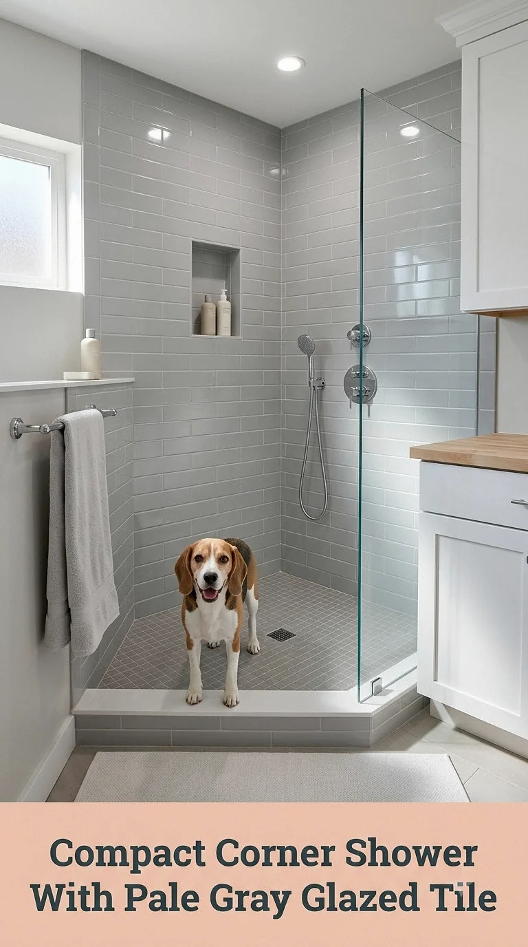 Compact Corner Shower With Pale Gray Glazed Tile