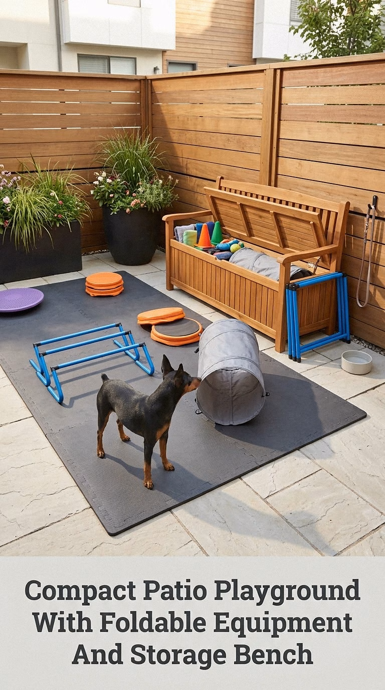 Compact Patio Playground With Foldable Equipment And Storage Bench