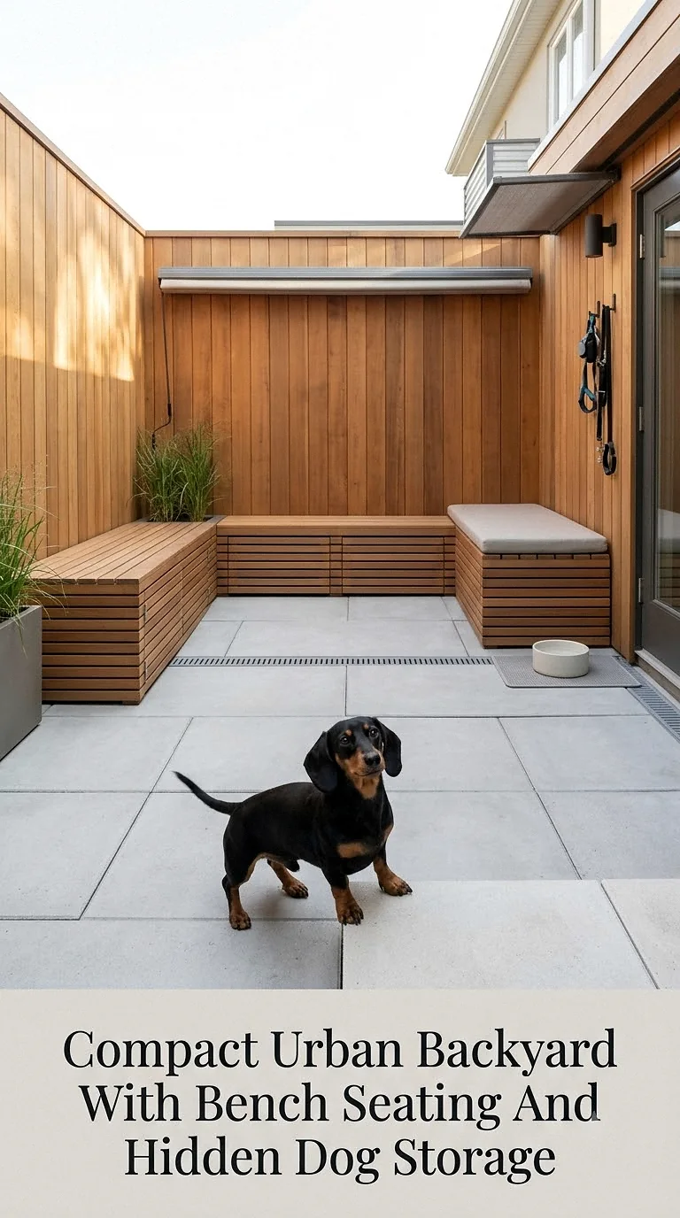 Compact Urban Backyard With Bench Seating And Hidden Dog Storage