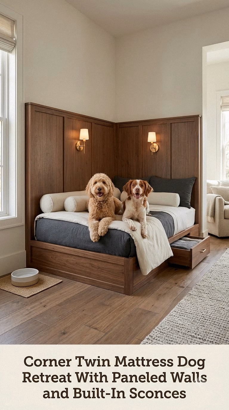 Corner Twin Mattress Dog Retreat With Paneled Walls and Built-In Sconces