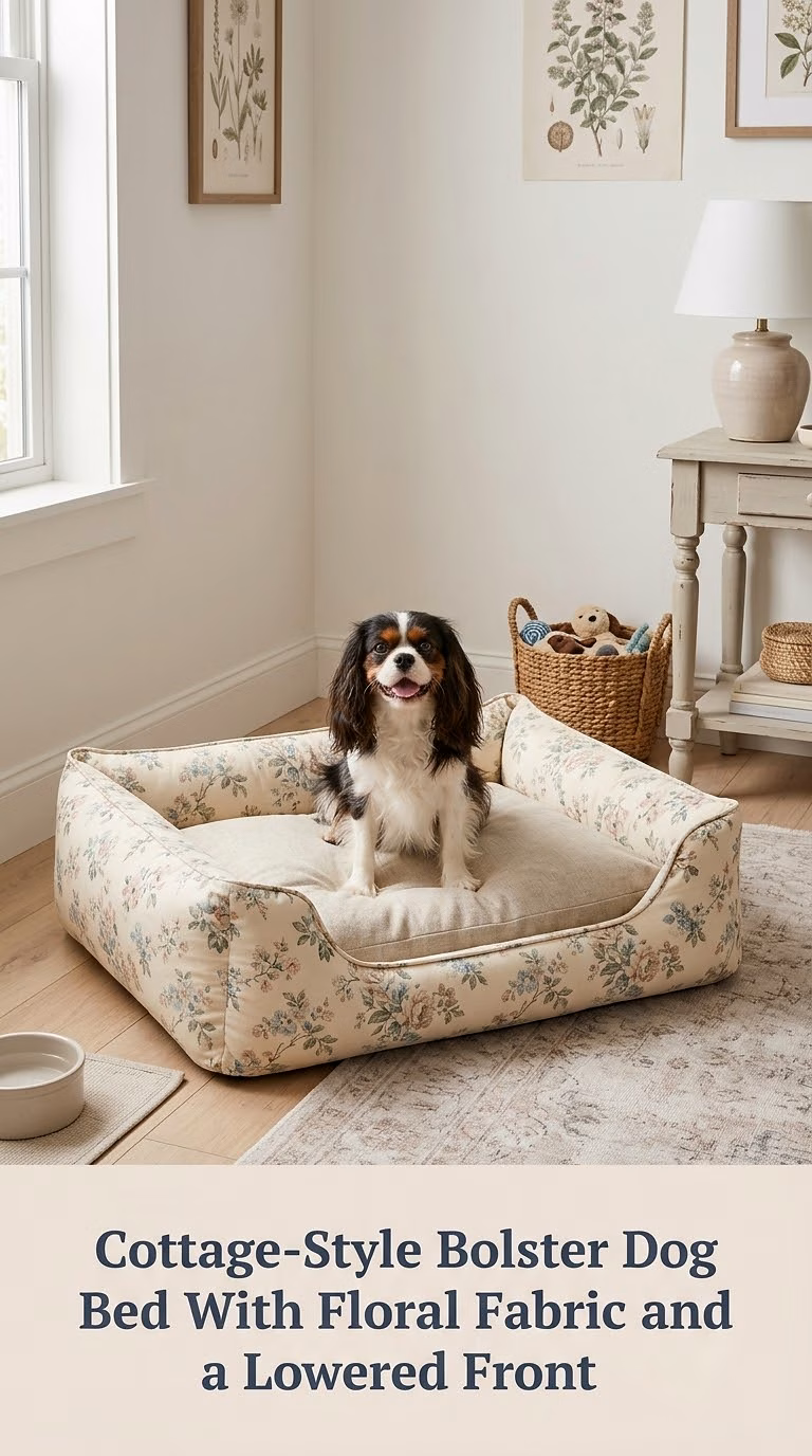 Cottage-Style Bolster Dog Bed With Floral Fabric and a Lowered Front