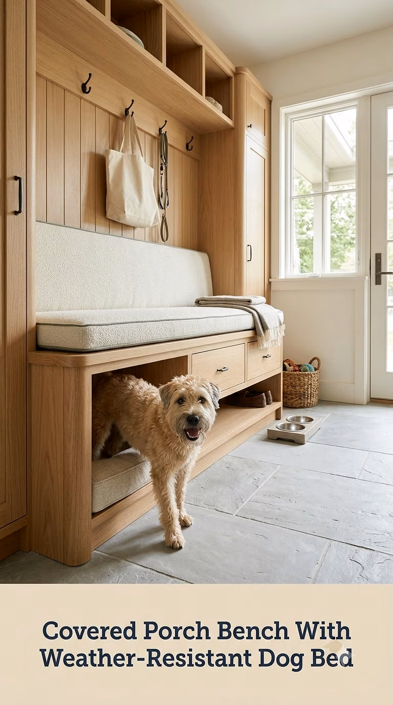 Covered Porch Bench With Weather-Resistant Dog Bed