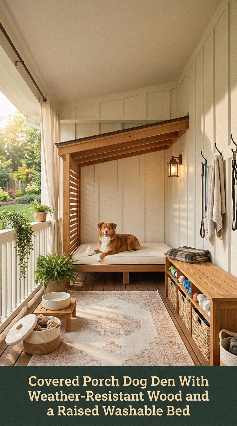 17. Covered Porch Dog Den With Weather-Resistant Wood and a Raised Washable Bed