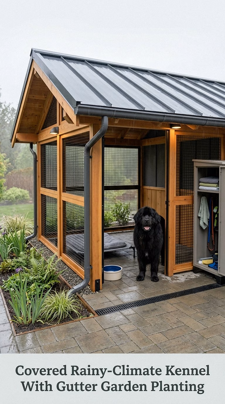Covered Rainy-Climate Kennel With Gutter Garden Planting