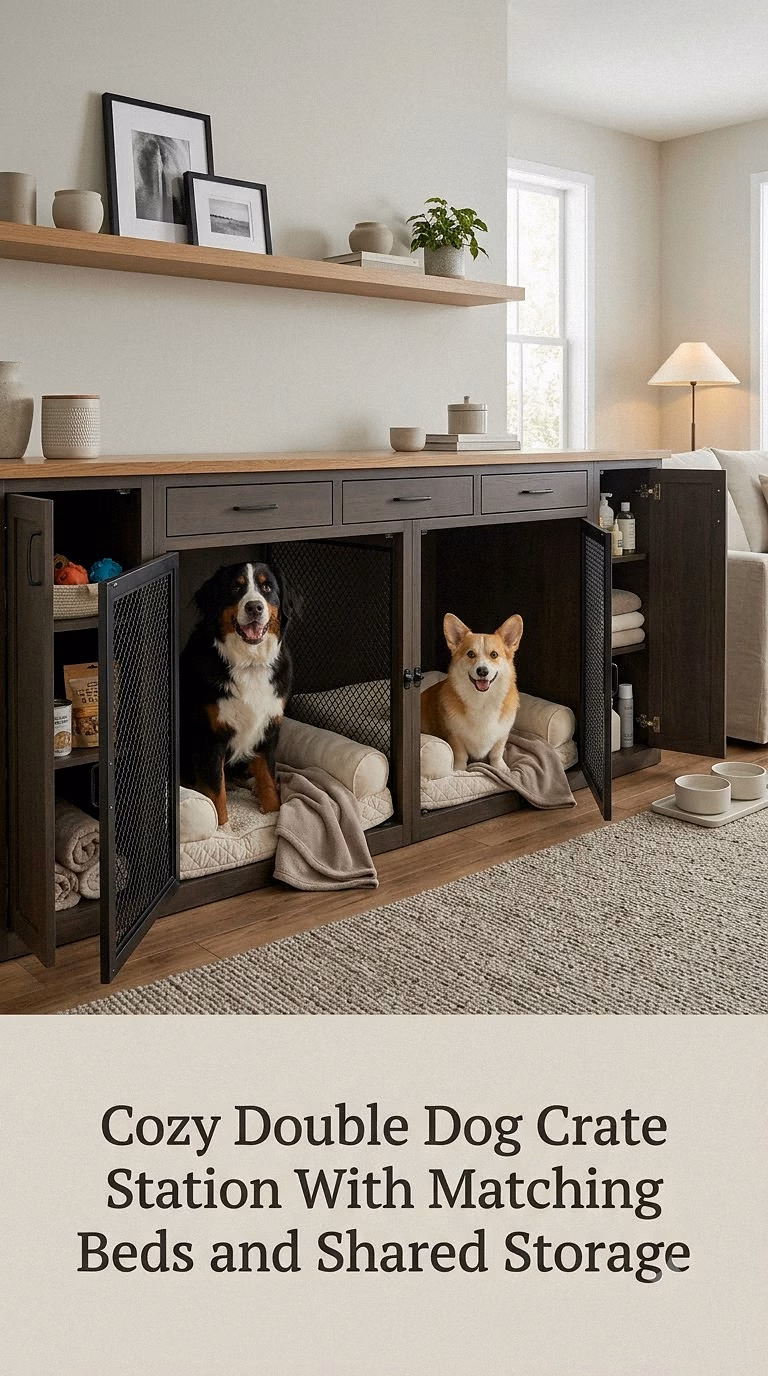 Cozy Double Dog Crate Station With Matching Beds and Shared Storage