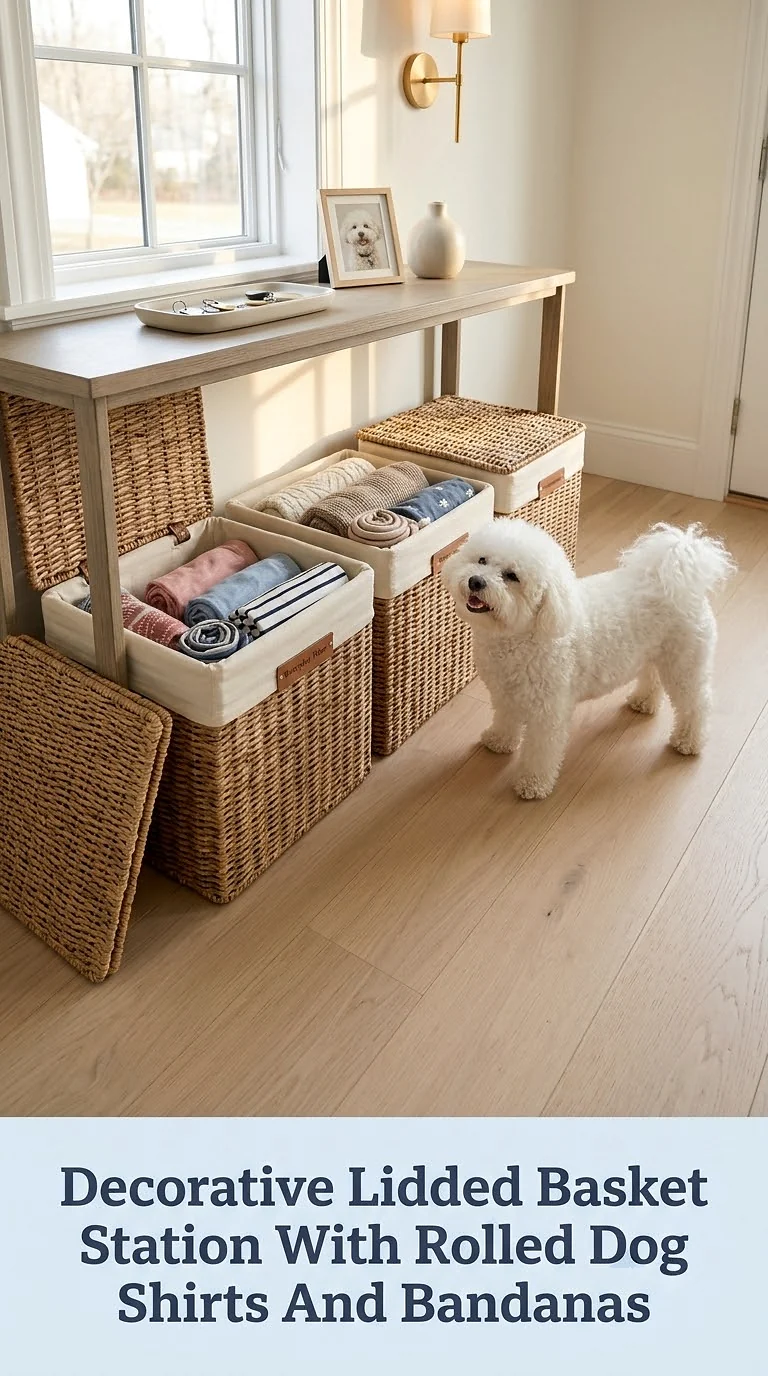 Decorative Lidded Basket Station With Rolled Dog Shirts And Bandanas