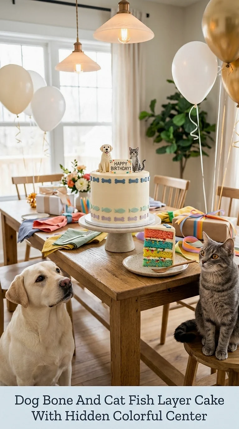 Dog Bone And Cat Fish Layer Cake With Hidden Colorful Center