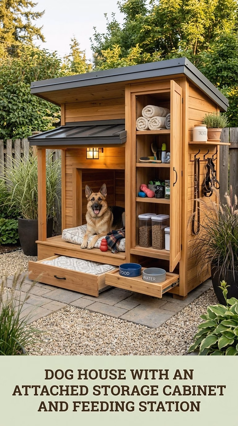 17. Dog House With an Attached Storage Cabinet and Feeding Station