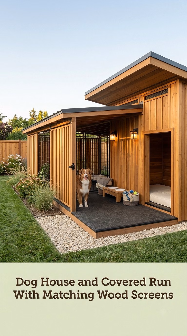 17. Dog House and Covered Run With Matching Wood Screens