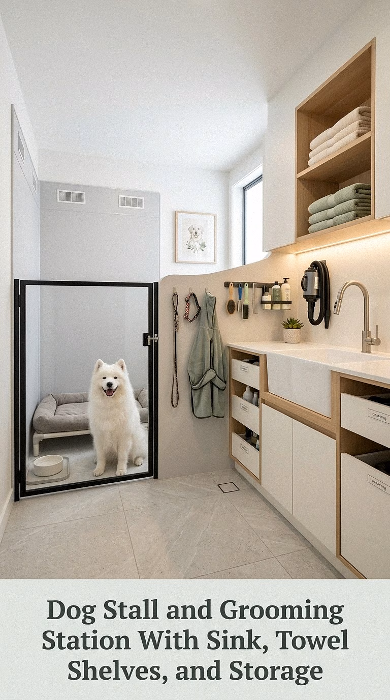 Dog Stall and Grooming Station With Sink, Towel Shelves, and Storage