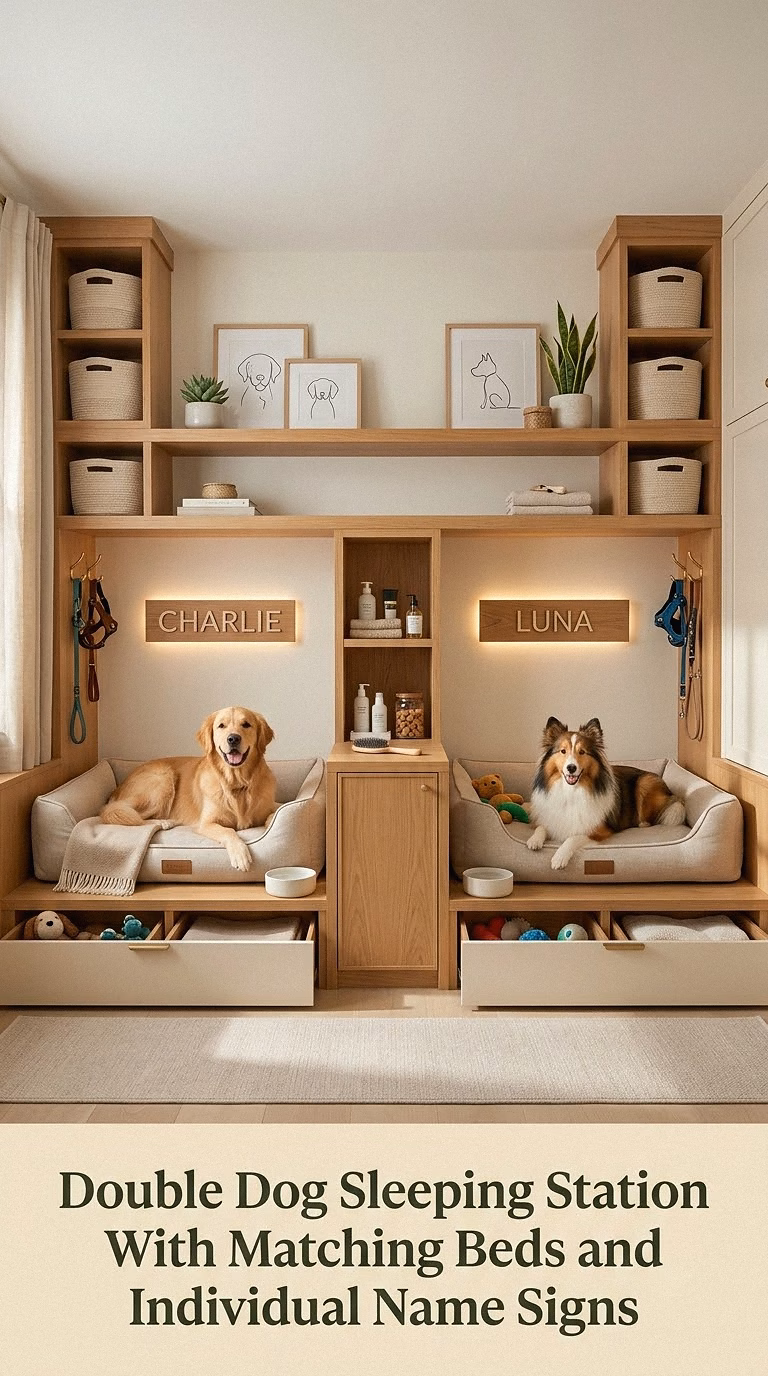 17. Double Dog Sleeping Station With Matching Beds and Individual Name Signs