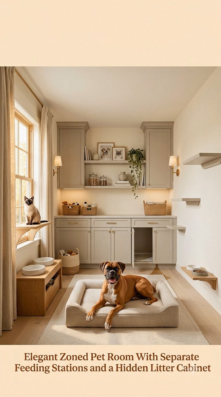 17. Elegant Zoned Pet Room With Separate Feeding Stations and a Hidden Litter Cabinet