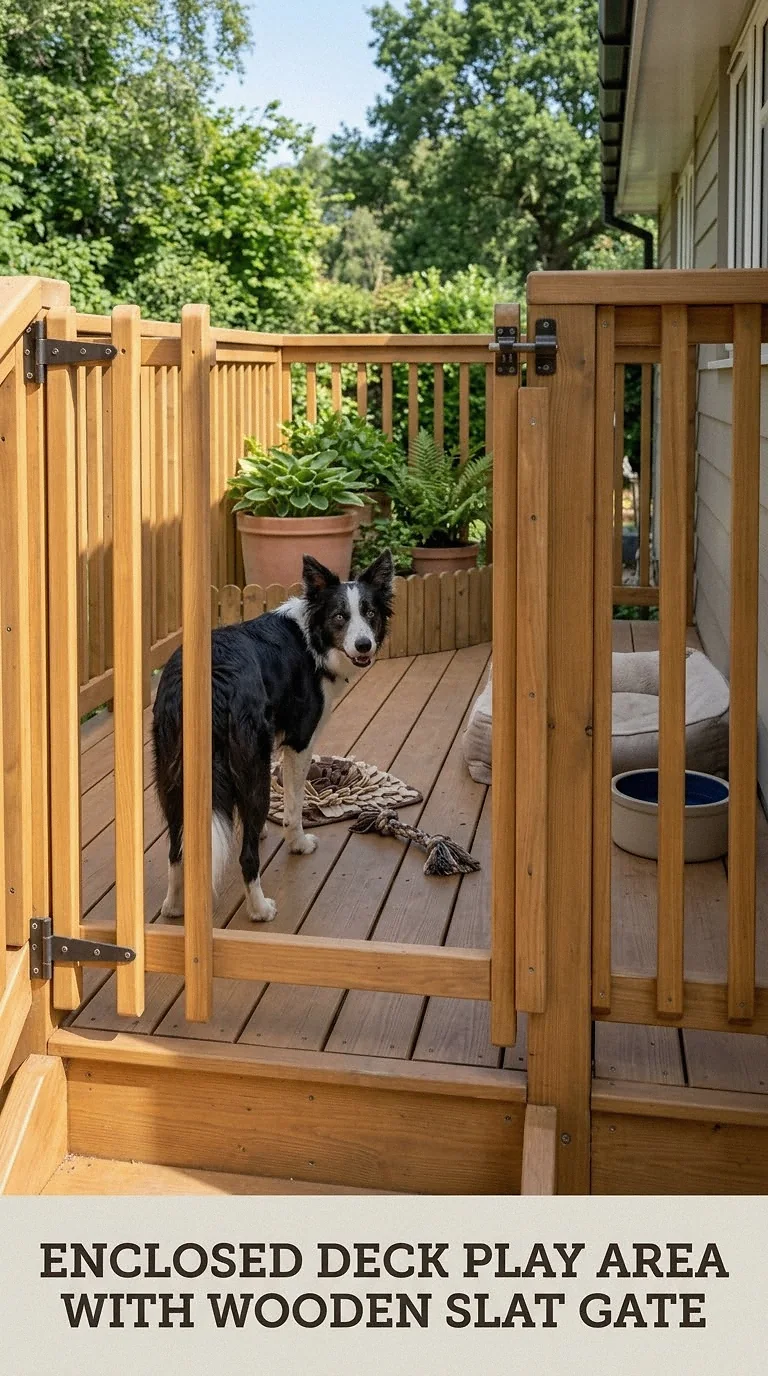 Enclosed Deck Play Area With Wooden Slat Gate
