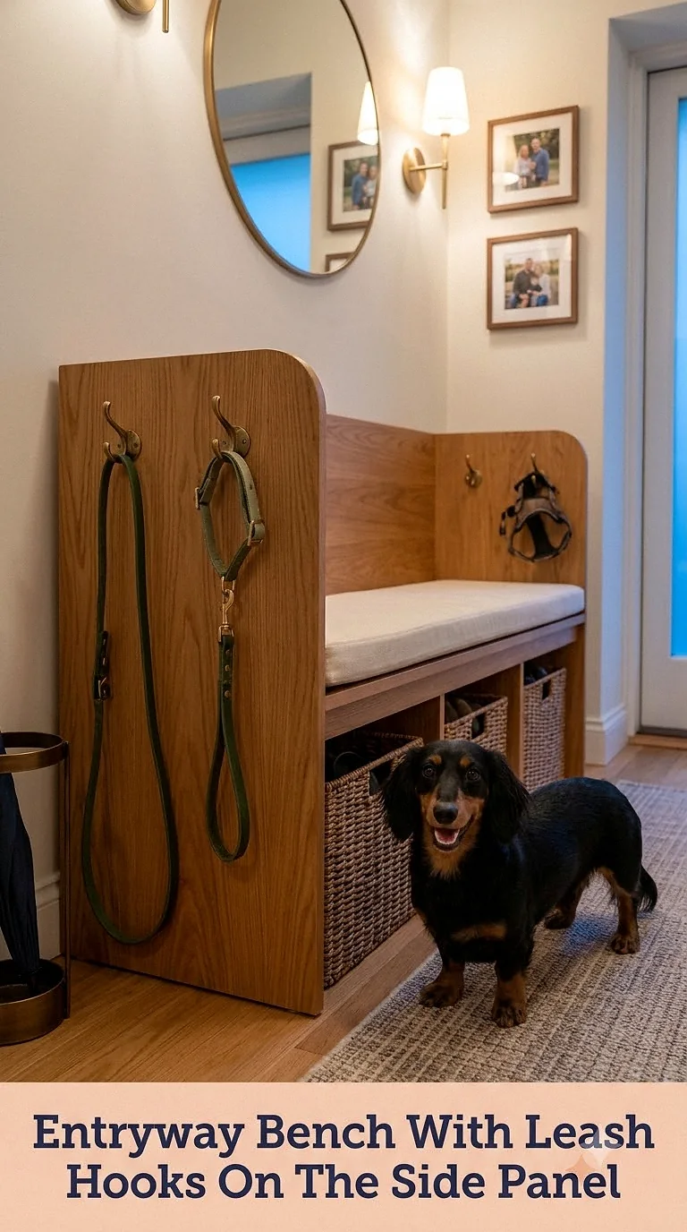 Entryway Bench With Leash Hooks On The Side Panel