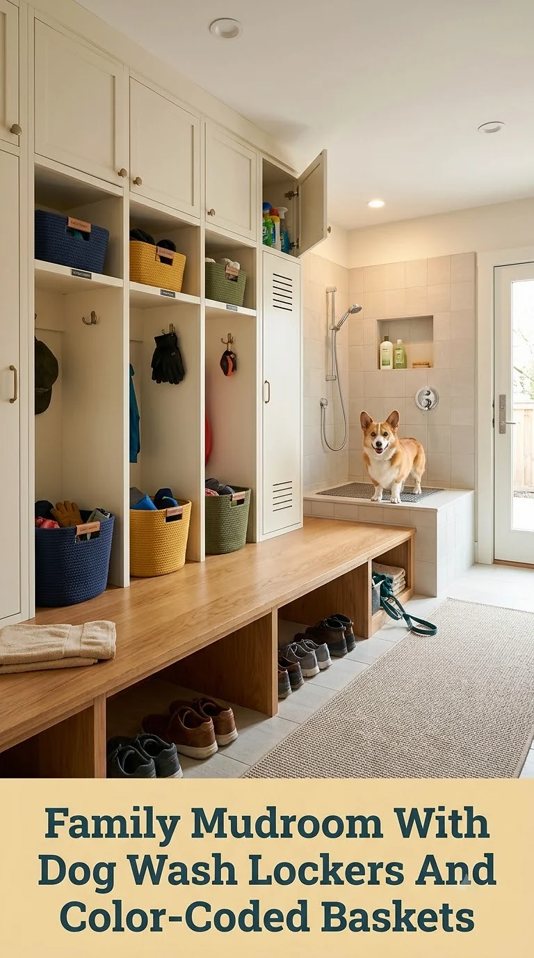 Family Mudroom With Dog Wash Lockers And Color-Coded Baskets