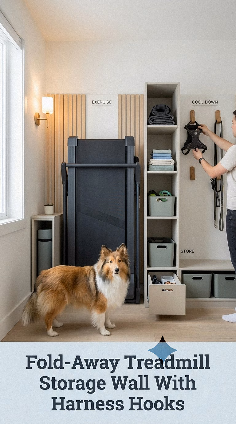 Fold-Away Treadmill Storage Wall With Harness Hooks